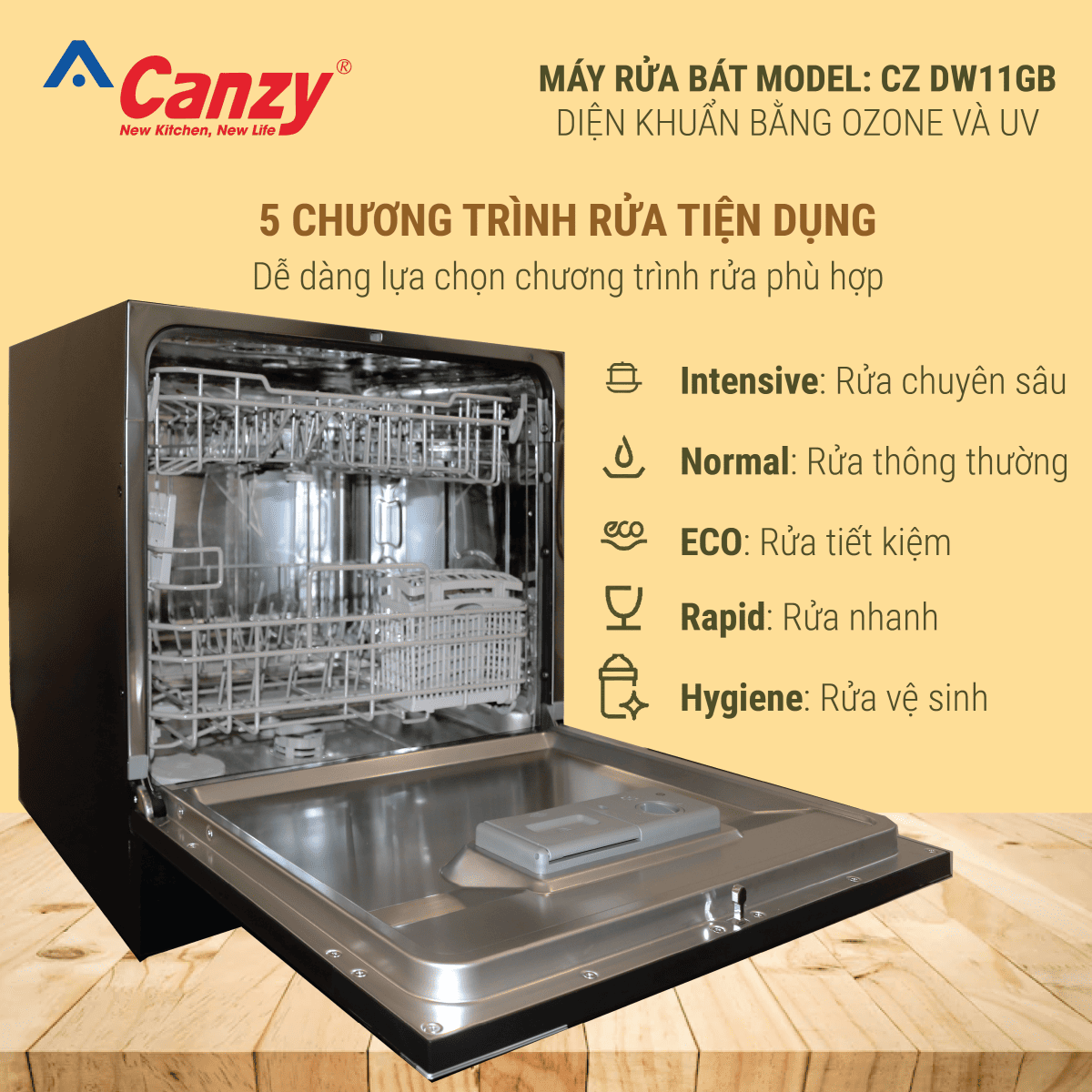 Máy rửa bát Canzy 11 bộ CZ-DW11GB tích hợp các chương trình rửa đa dạng