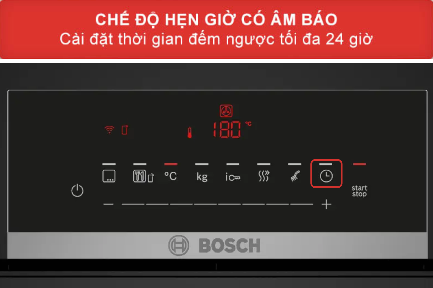 Bạn có thể cài đặt thời gian nướng tối đa trên lò nướng Bosch HBJ559EB6M lên đến 24 giờ