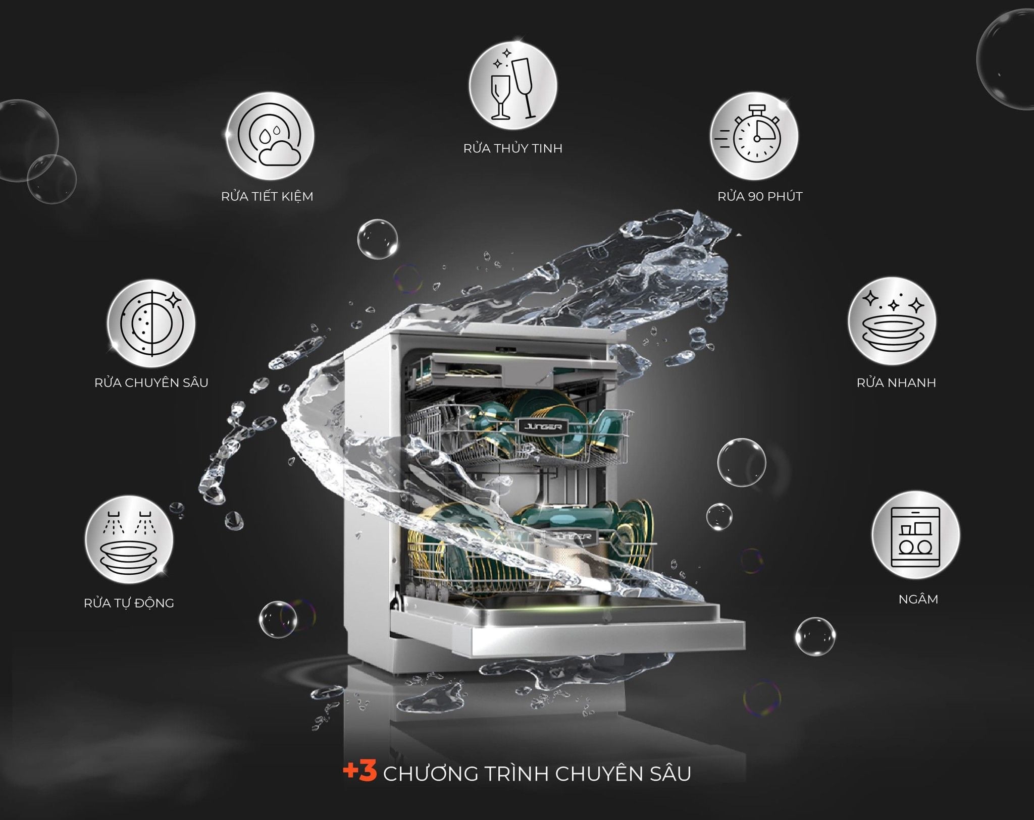 Máy rửa bát độc lập DWJ-600 được tích hợp 7 chương trình rửa mặc định + 3 chức năng chuyên sâu