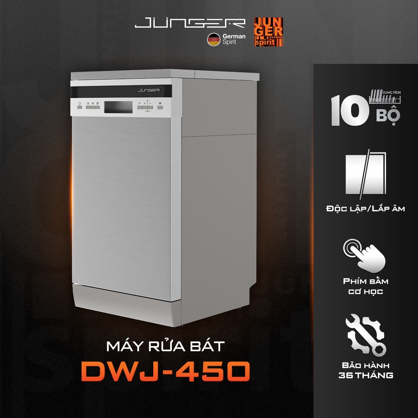 Máy rửa bát Junger DWJ-450 ghi điểm với thiết kế sang trọng, sức chứa 10 bộ Châu Âu