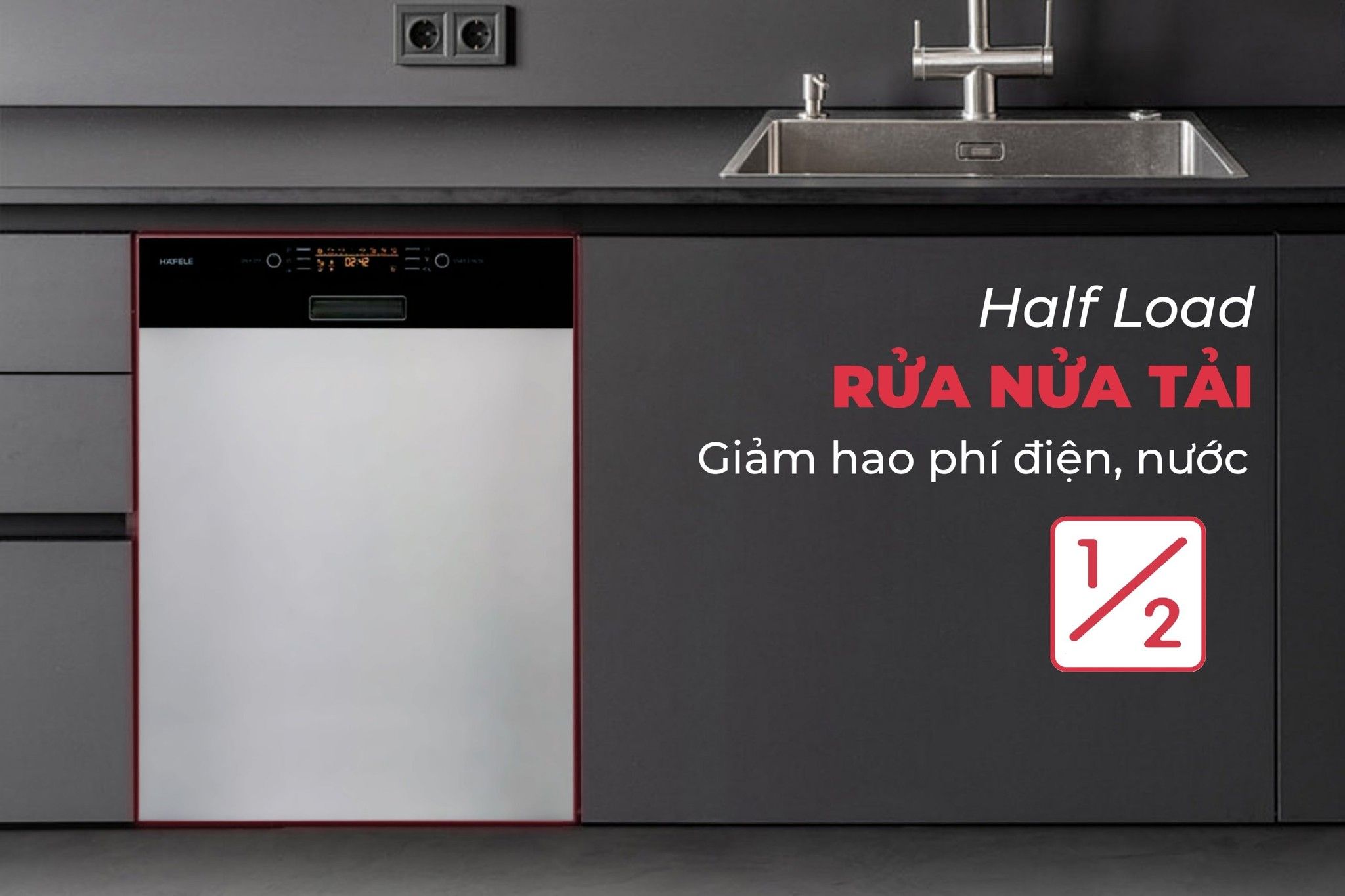 Hafele HDW-HI60B tích hợp cơ chế rửa nửa tải tiện lợi cho người dùng