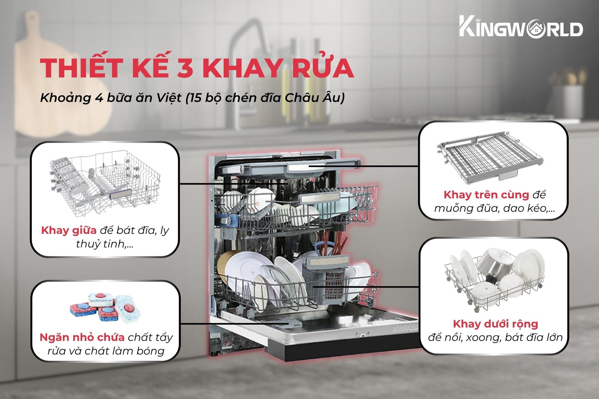 Hafele HDW-HI60B thiết kế 3 khay rửa tiện lợi, dễ dàng thay đổi kích thước