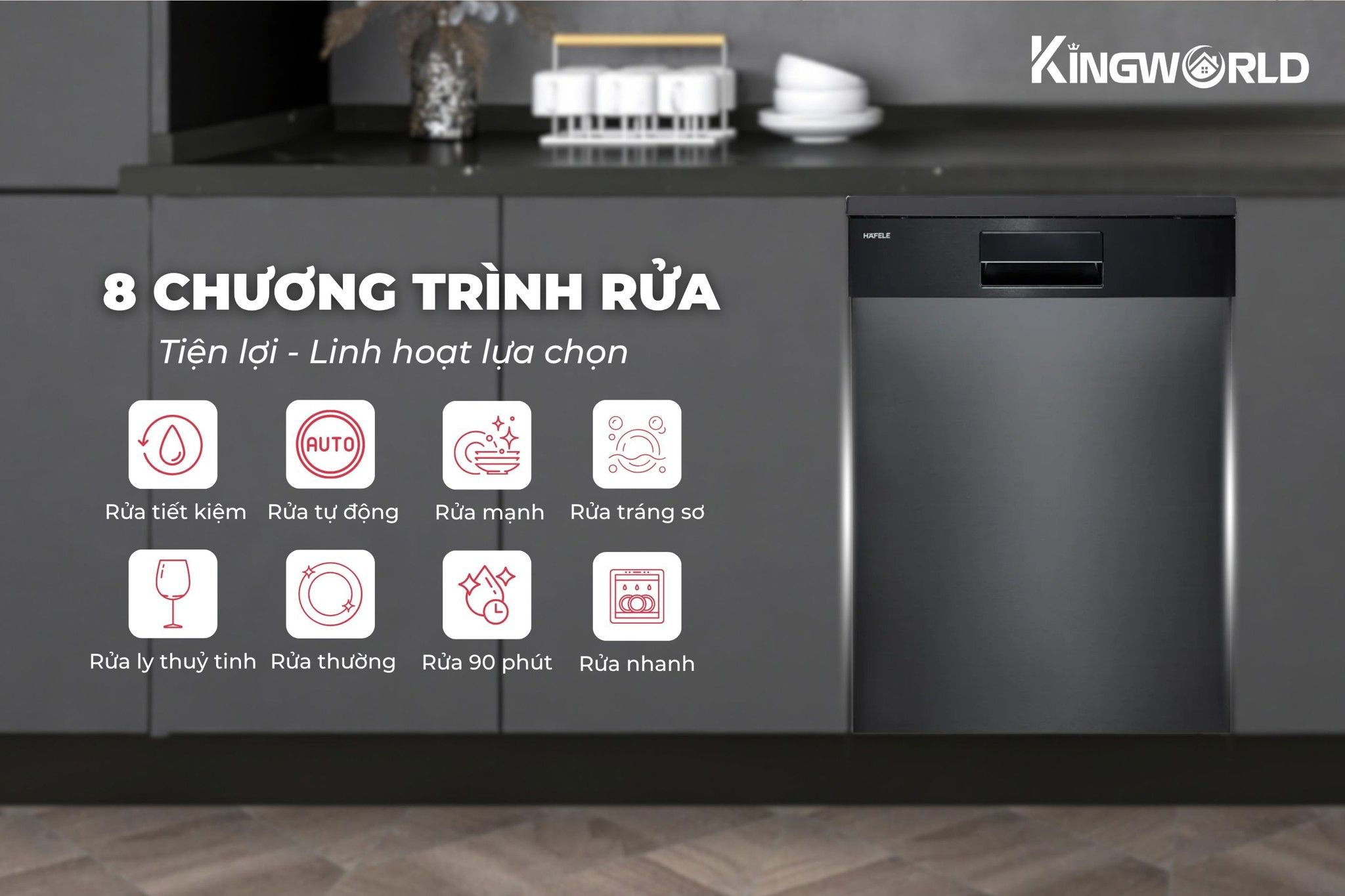Máy rửa bát Hafele HDW-SI60AB trang bị 8 chương trình rửa linh hoạt