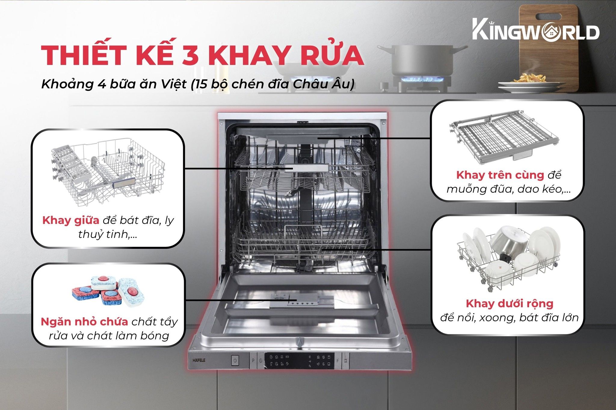 Hafele HDW-FI60AB thiết kế 3 khay rửa tiện lợi, linh hoạt sử dụng