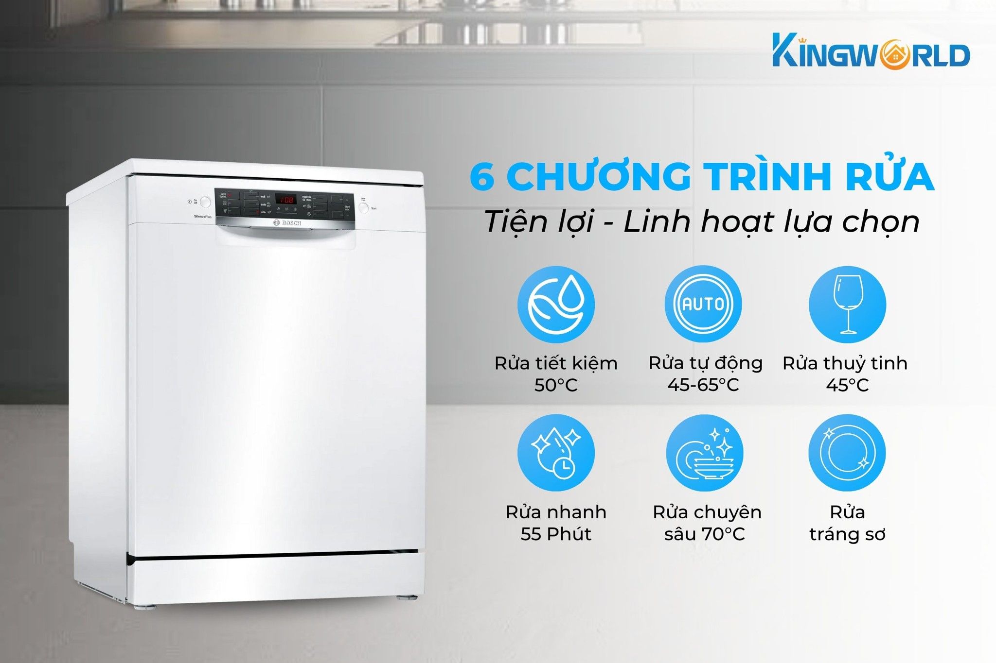 Máy rửa bát Bosch SMS46GW01P tích hợp 6 chương trình rửa linh hoạt