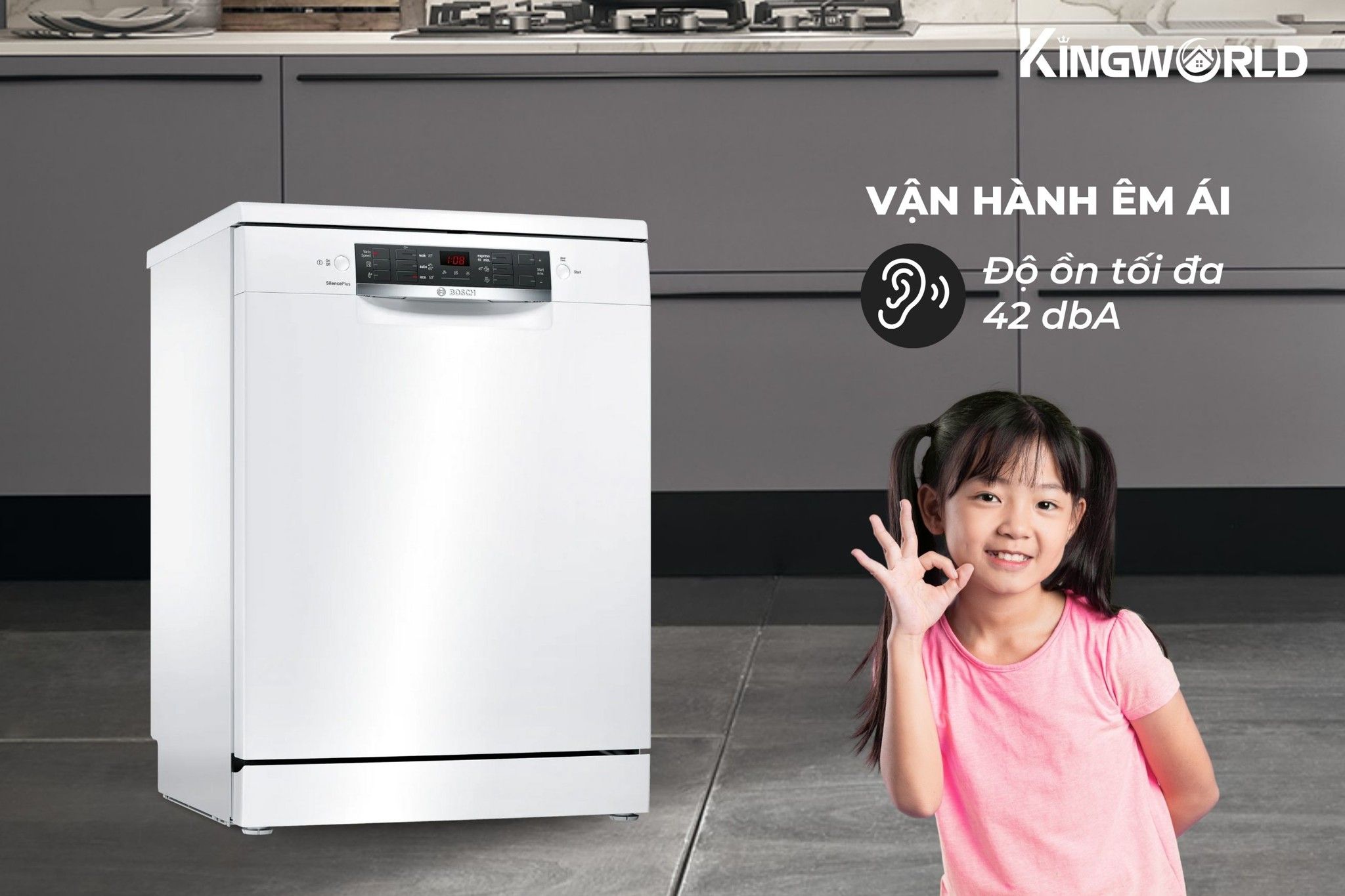 Máy rửa bát Bosch SMS46GW01P hoạt động với độ ồn thấp