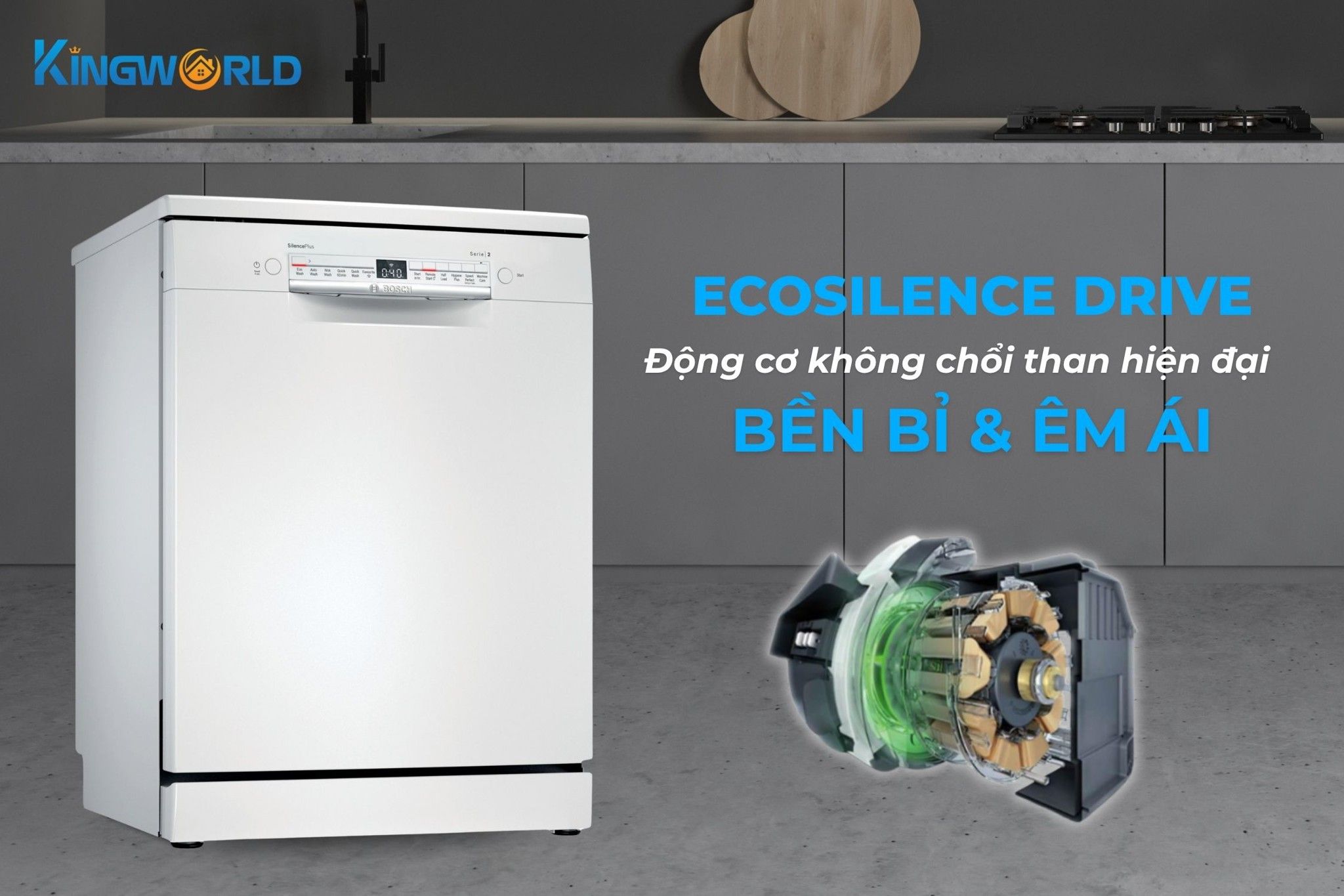 Bosch SMS2IVW01P trang bị động cơ không chổi than êm ái