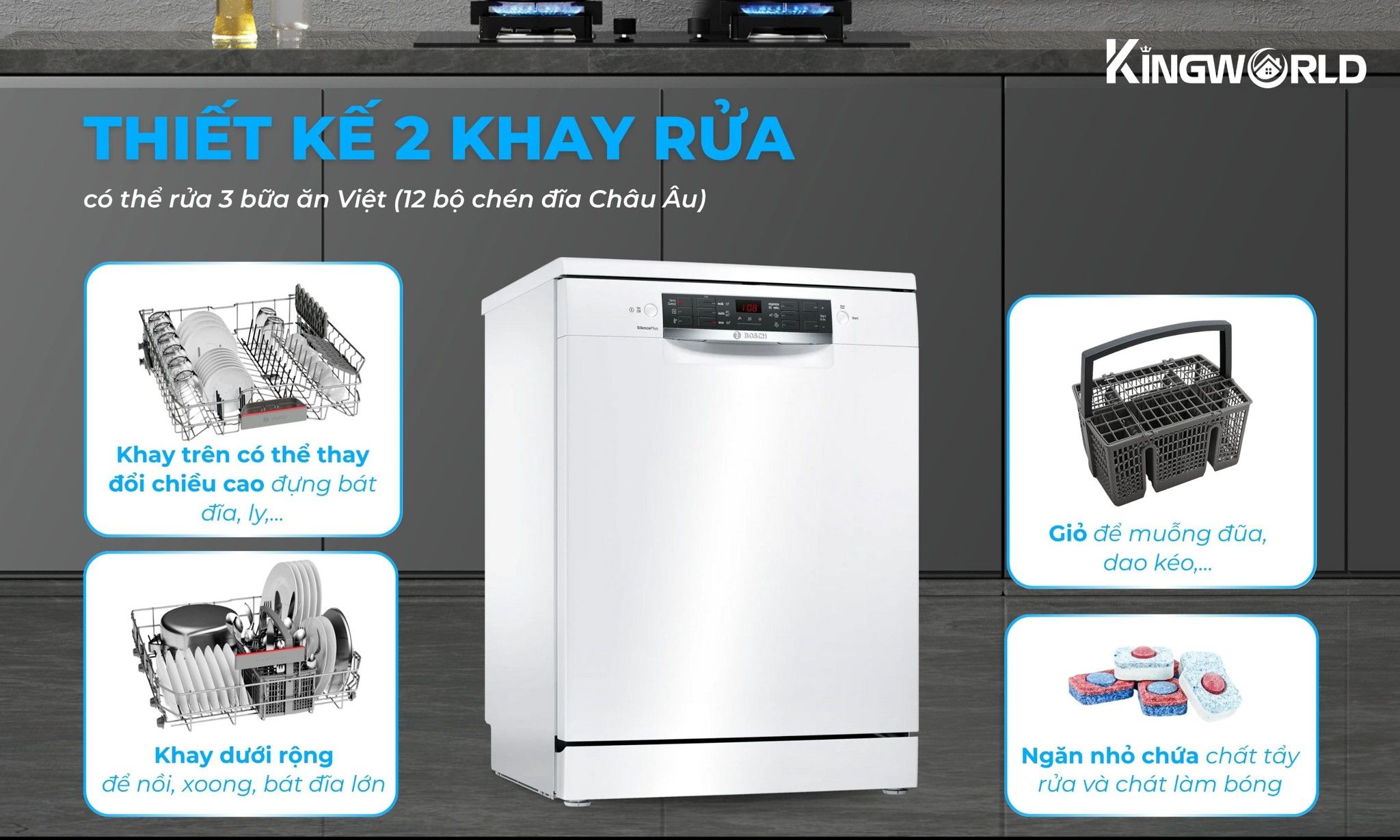 Máy rửa bát Bosch SMS46GW01P thiết kế 2 khay rửa tiện lợi