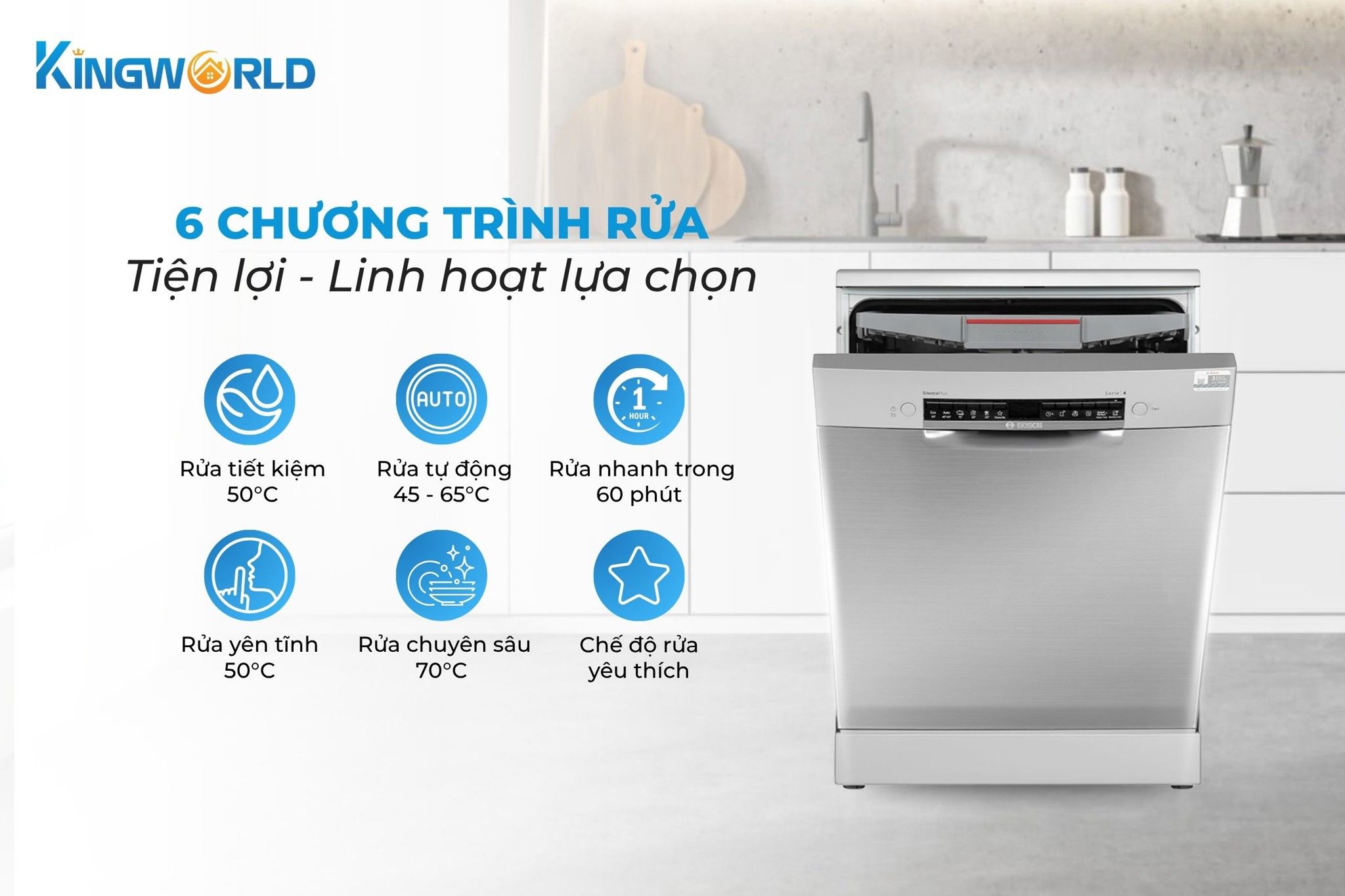 Bosch SMS4ECI14E tích hợp 6 chương trình rửa hiện đại