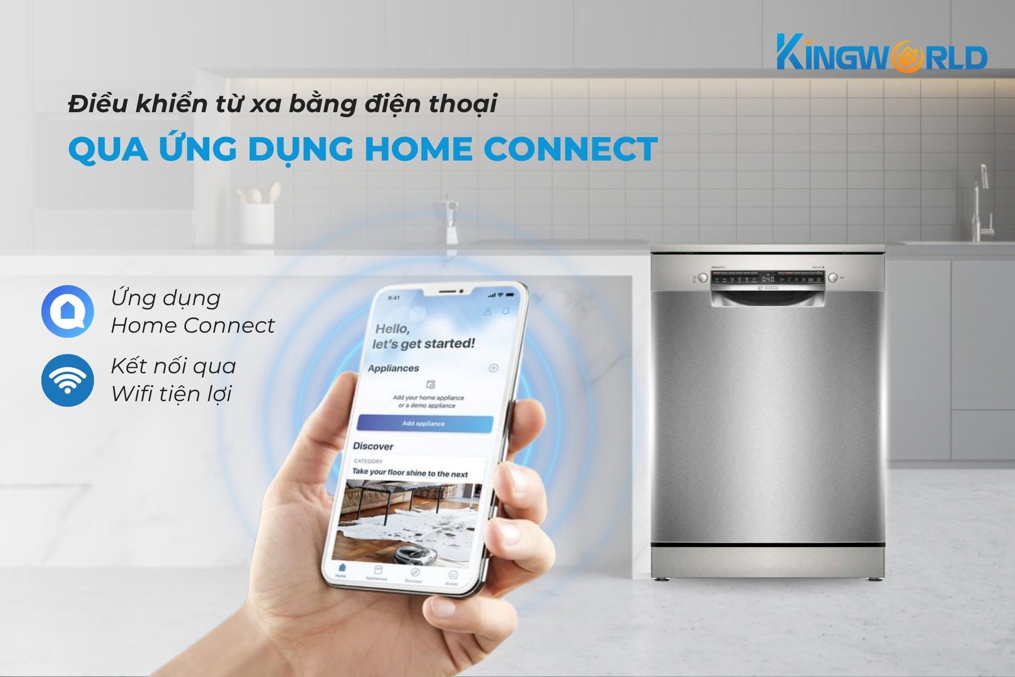 Bosch SMS4HCI48E có thể điều khiển từ xa qua phần mềm Home Connect