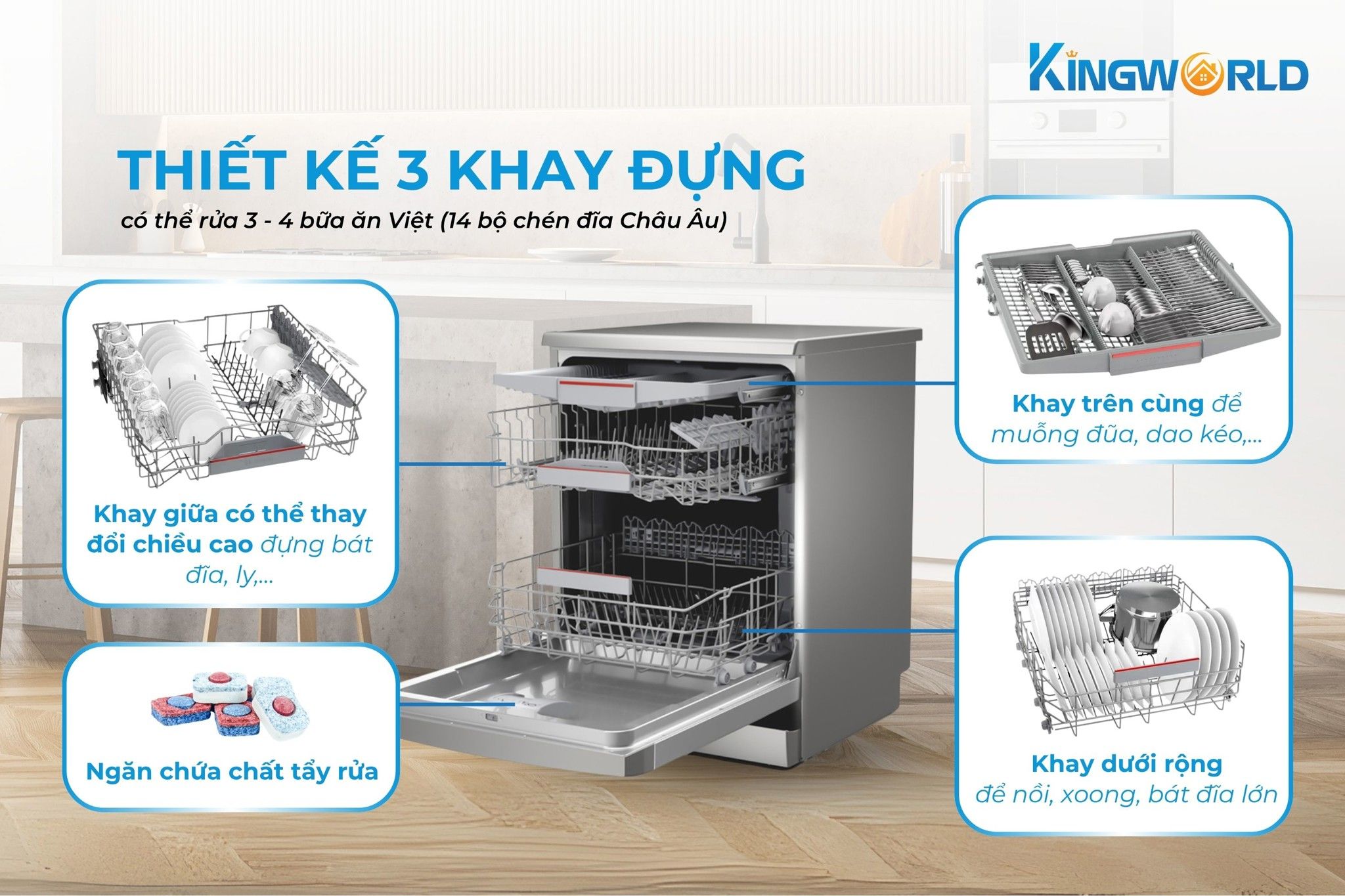 Máy rửa bát Bosch SMS4HCI48E thiết kế 3 khay rửa rộng rãi