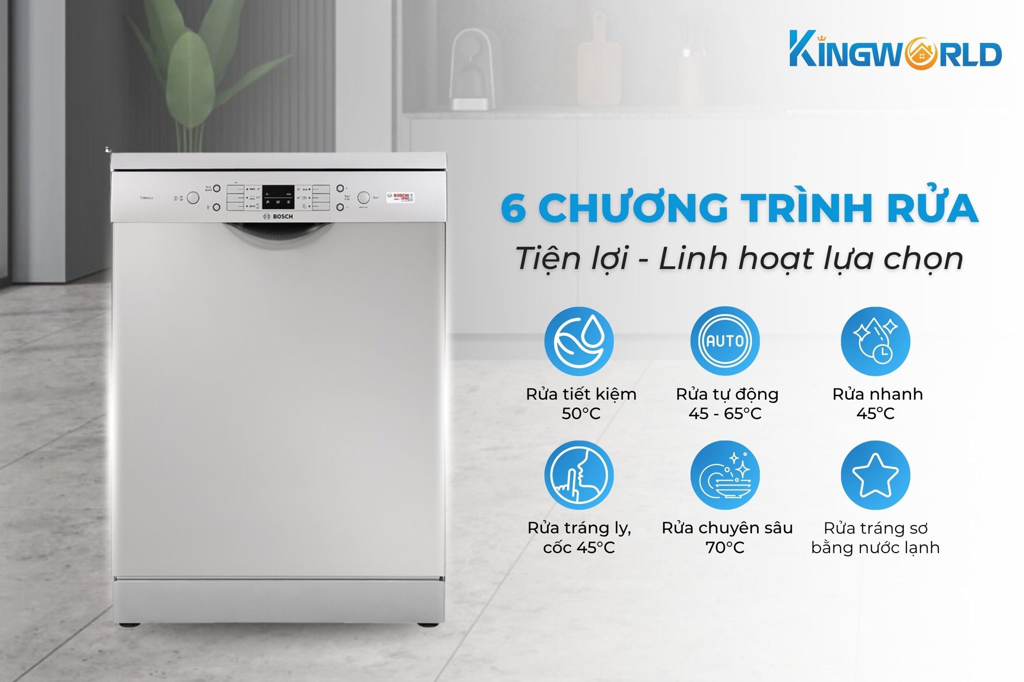 Bosch SMS63L08EA tích hợp 6 chương trình rửa linh hoạt sử dụng