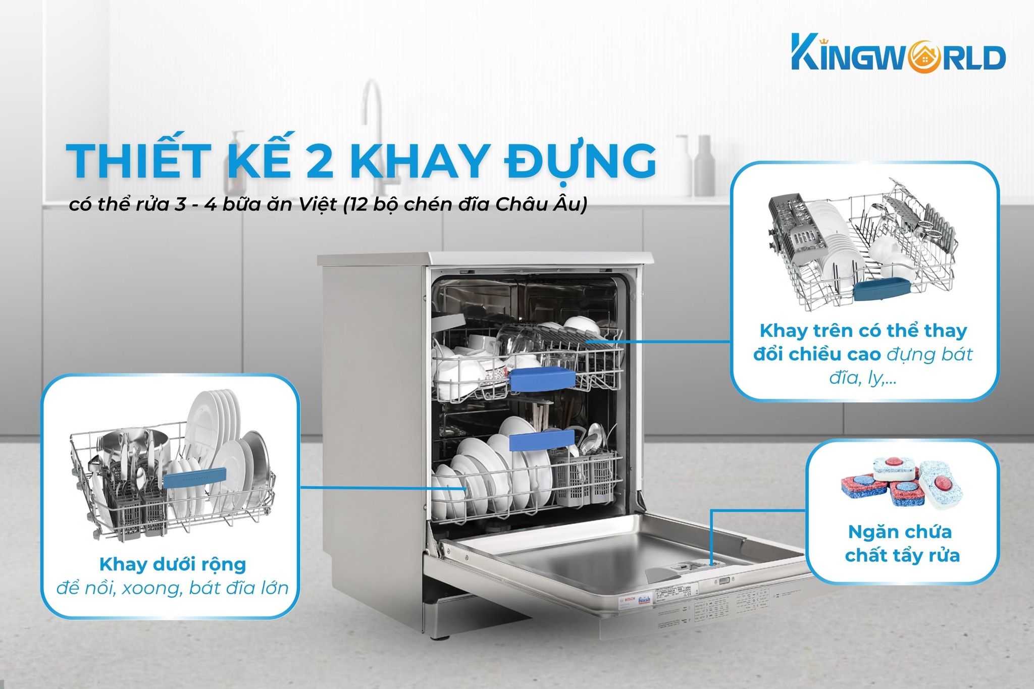 Thiết kế 2 khay rửa rộng rãi, tiện lợi