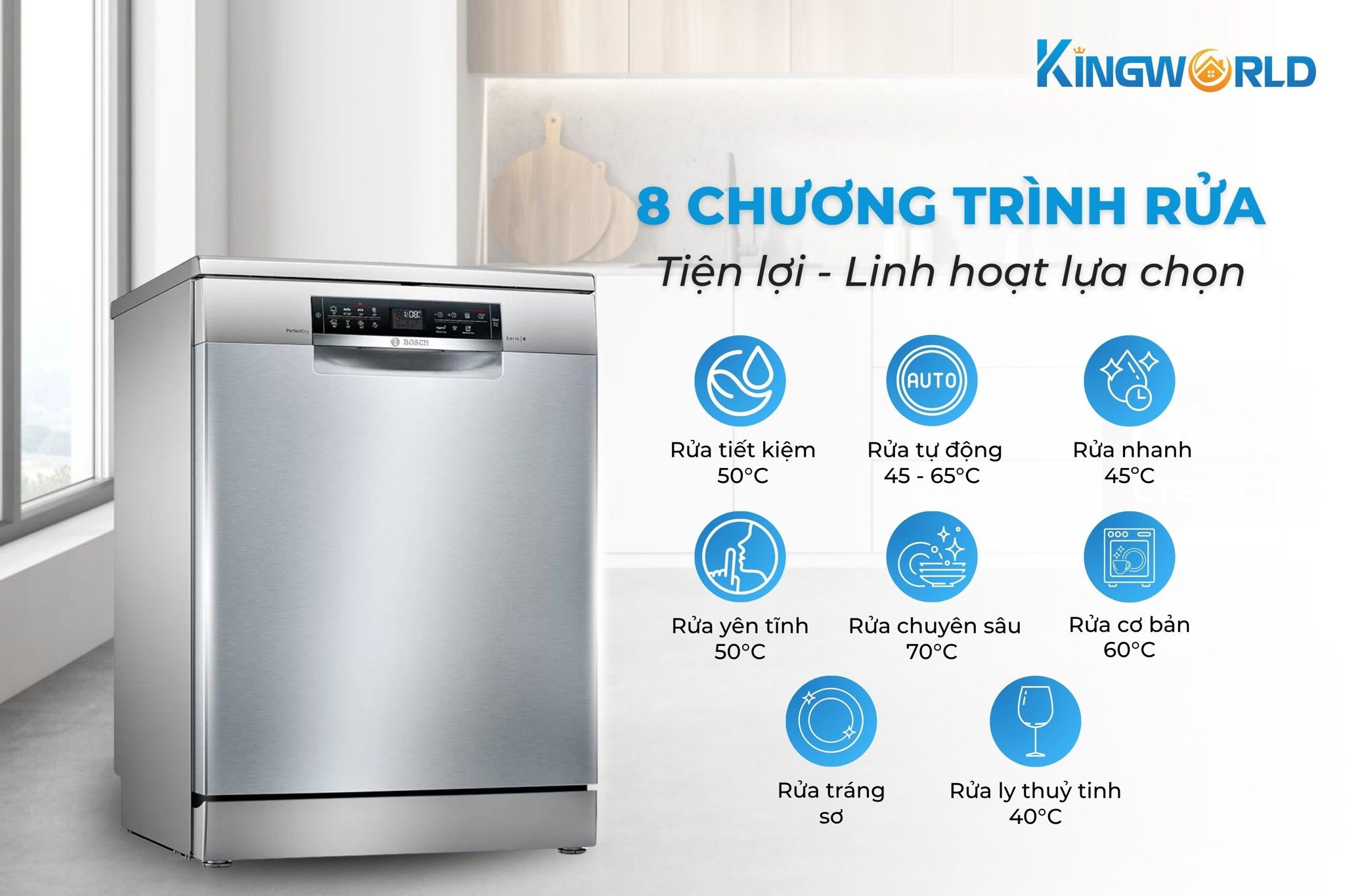 8 Chương trình rửa, người dùng có thể linh hoạt lựa chọn theo nhu cầu