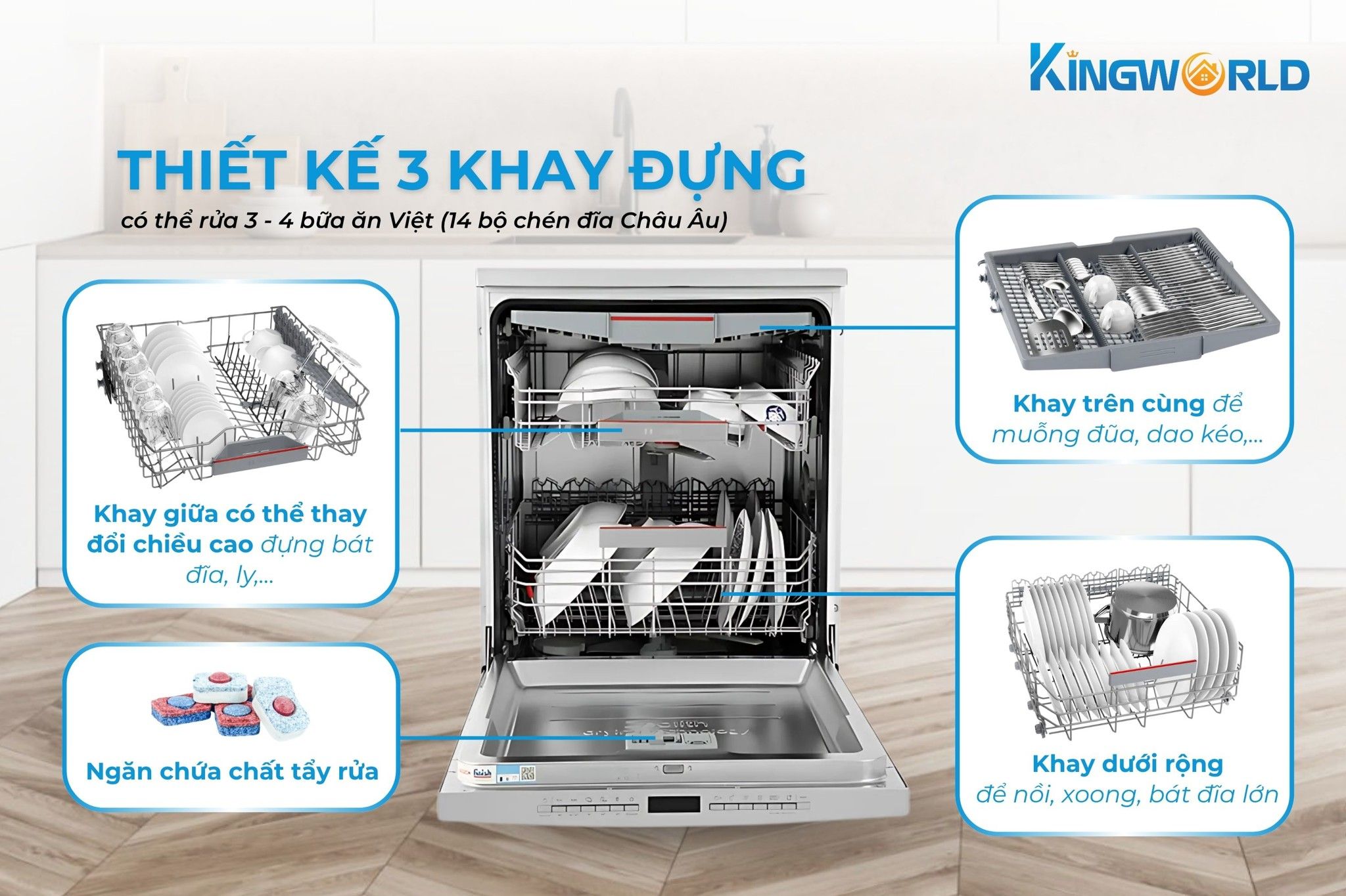 Máy rửa bát SMS6ZCI08E được trang bị 3 khay rửa tiện lợi