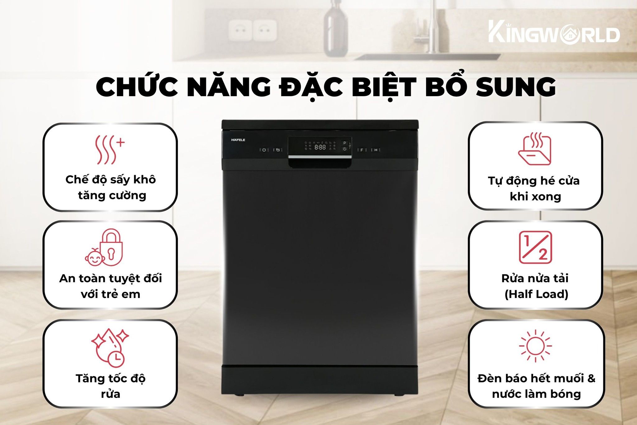 Máy rửa chén Hafele HDW-F60EB tích hợp nhiều chức năng hỗ trợ người dùng