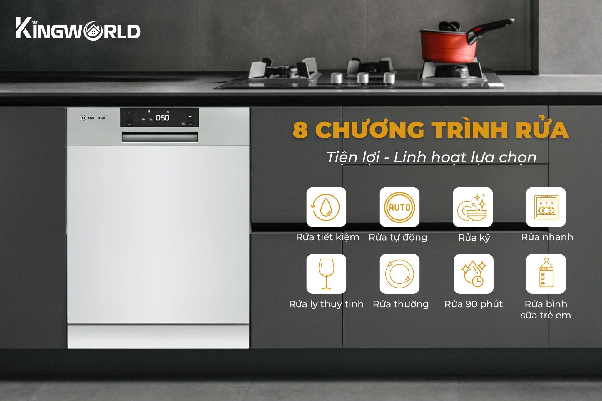 Malloca MDW14-S08SI tích hợp 8 chế độ rửa thông minh