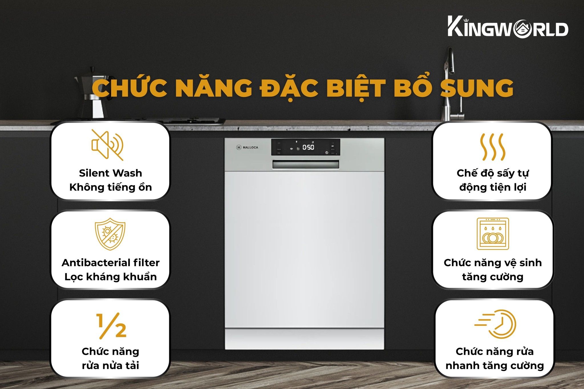 Malloca MDW14-S08SI tích hợp nhiều tính năng hỗ trợ nâng cao