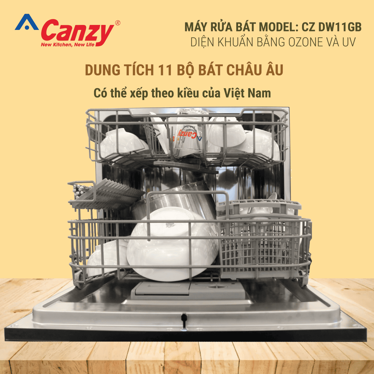 Máy rửa chén Canzy CZ-DW11GB có sức chứa lên đến 11 bộ đồ ăn châu Âu