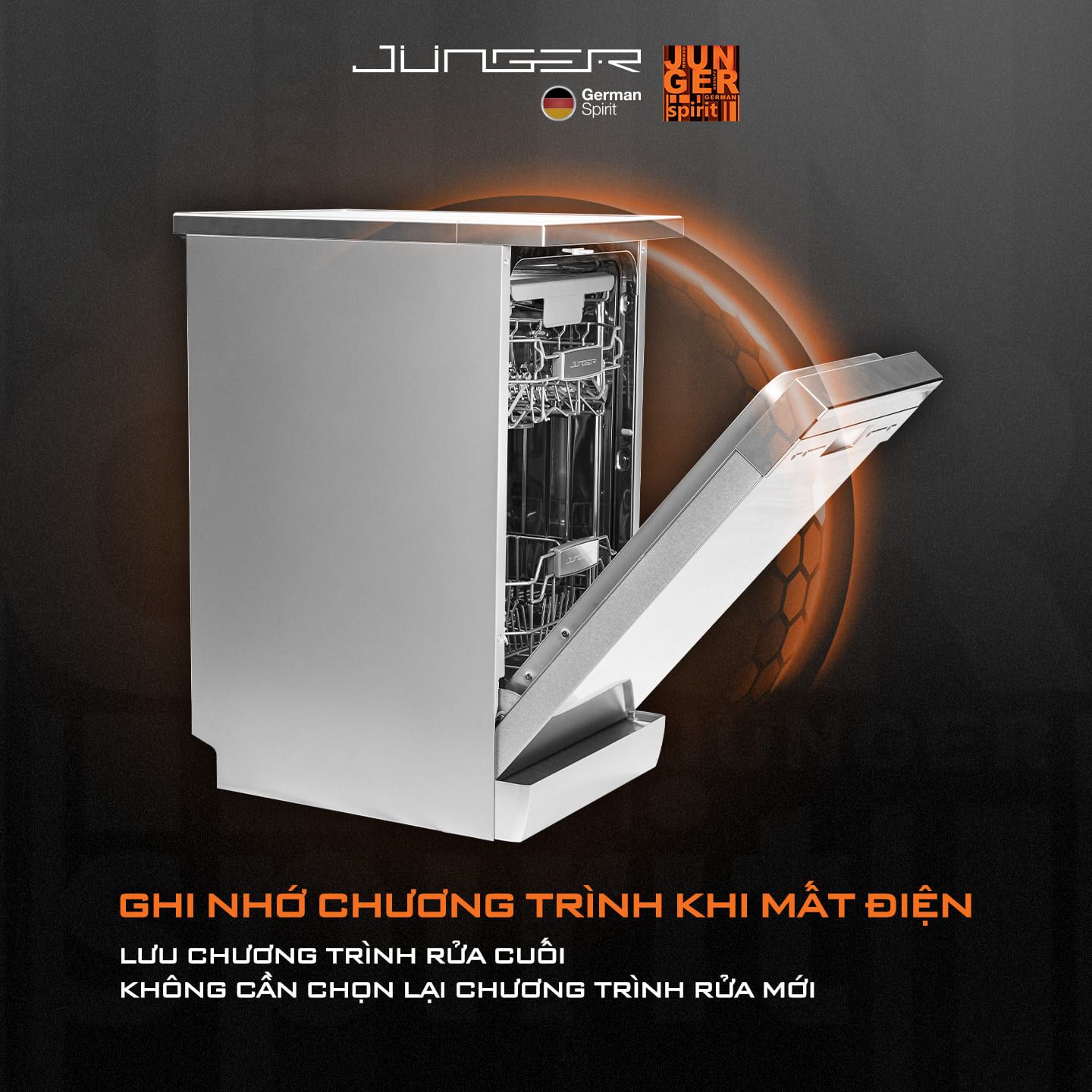 Máy rửa bát 10 bộ Junger DWJ-450 có tính năng tự kích hoạt lại chương trình đang hoạt động khi gặp sự cố mất điện.