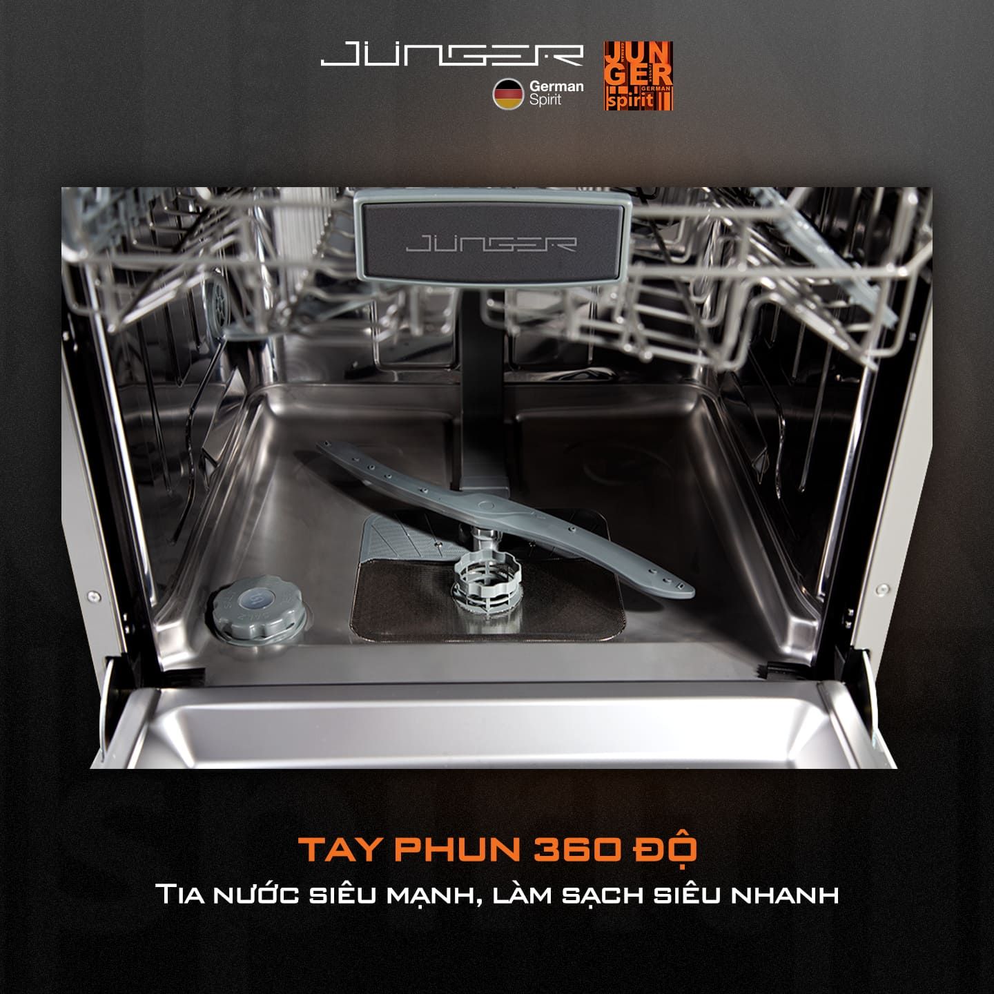 Máy rửa chén Junger DWJ-450 tích hợp hệ thống tay phun 360 độ, làm sạch mọi ngóc ngách