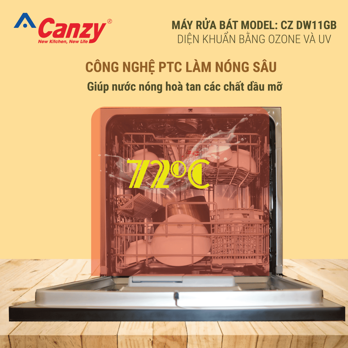 Máy rửa bát CZ DW11GB tích hợp công nghệ sấy khô tuyệt đối PTC kết hợp Fresh Air