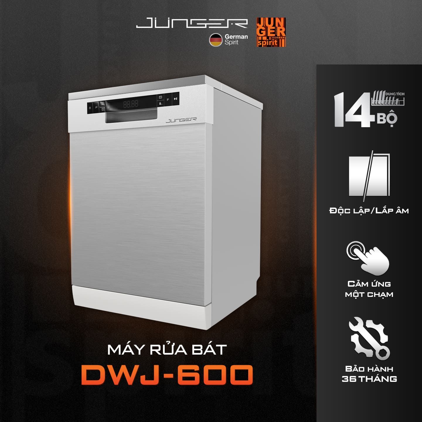 Máy rửa bát Junger DWJ-600 sở hữu thiết kế sang trọng, có thể lắp âm hoặc độc lập