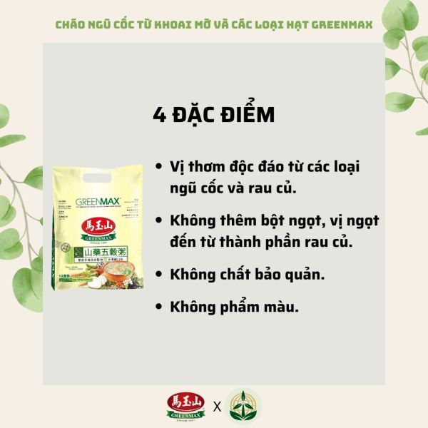 Cháo ngũ cốc dinh dưỡng từ khoai mỡ và các loại hạt Greenmax Đài Loan gói 350g bổ sung năng lượng tiện lợi tốt cho sức khỏe Yam and Multi Grains Careal