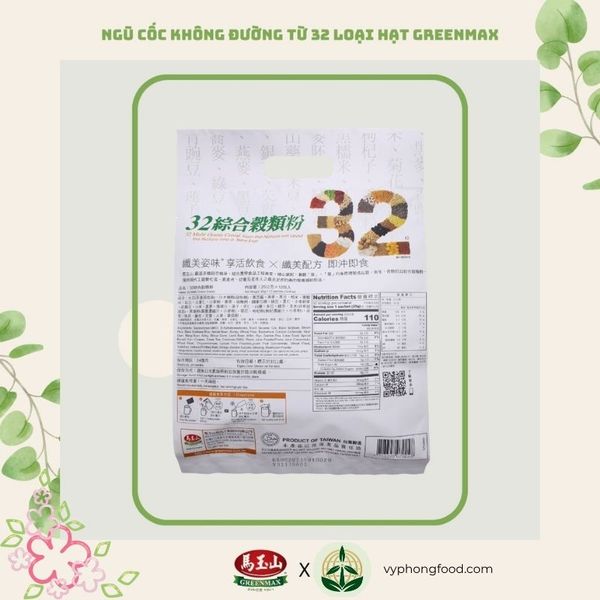 Bột ngũ cốc dinh dưỡng không đường từ 32 loại hạt Greenmax Đài Loan – giàu chất xơ, vitamin, hỗ trợ giảm cân và tốt cho sức khỏe.