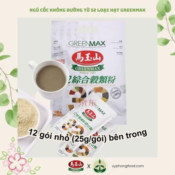 Bột ngũ cốc dinh dưỡng không đường từ 32 loại hạt Greenmax Đài Loan – giàu chất xơ, vitamin, hỗ trợ giảm cân và tốt cho sức khỏe.