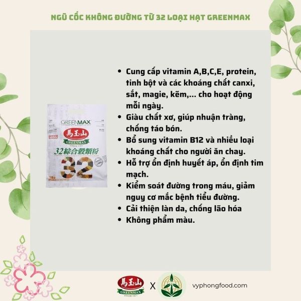 Bột ngũ cốc dinh dưỡng không đường từ 32 loại hạt Greenmax Đài Loan – giàu chất xơ, vitamin, hỗ trợ giảm cân và tốt cho sức khỏe.