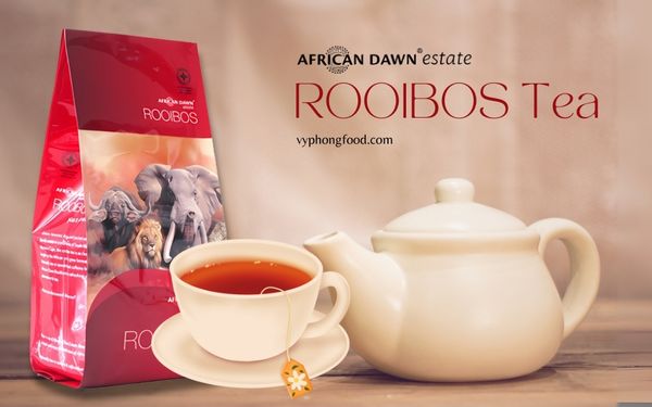 A cup of premium South African Rooibos tea served hot, showcasing its rich amber color and natural herbal aroma, known for its health-boosting antioxidants. Vyphongfood.com is the official importer of African Dawn Rooibos tea products.