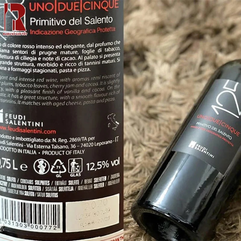 Rượu vang Ý đỏ 125 Primitivo Del Salento mang đến hương thơm cuốn hút và nồng nàn