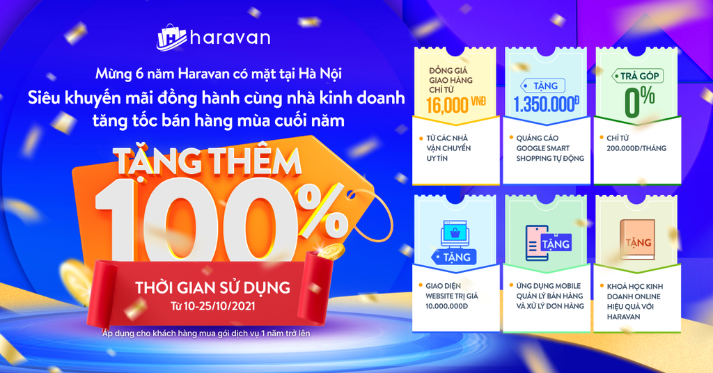 Tặng thêm 100% thời gian sử dụng cho mọi gói giải pháp tại Haravan - Ưu đãi mừng 6 năm Haravan có mặt tại Hà Nội