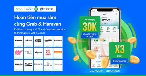 Chương trình Hoàn tiền 30K qua ví Moca|Grab khi mua sắm tại 15 “sốp xịn” trên Haravan