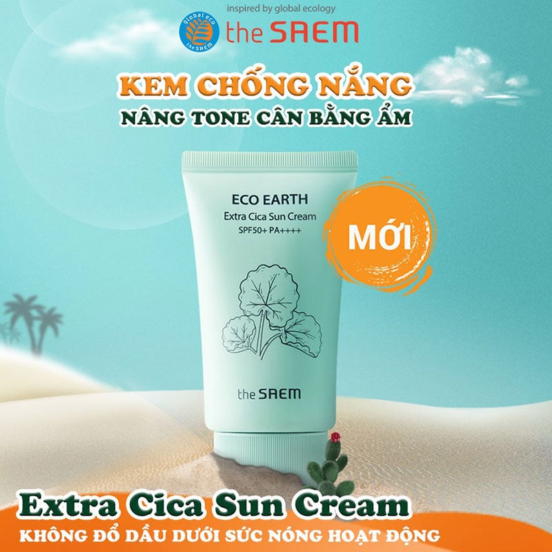 Kem Chống Nắng Nâng Tông, Cân Bằng Ẩm, Chiết Xuất Rau Má Làm Dịu Da The Saem Eco Earth Extra Cica Sun Cream SPF50+/PA++++ 50g