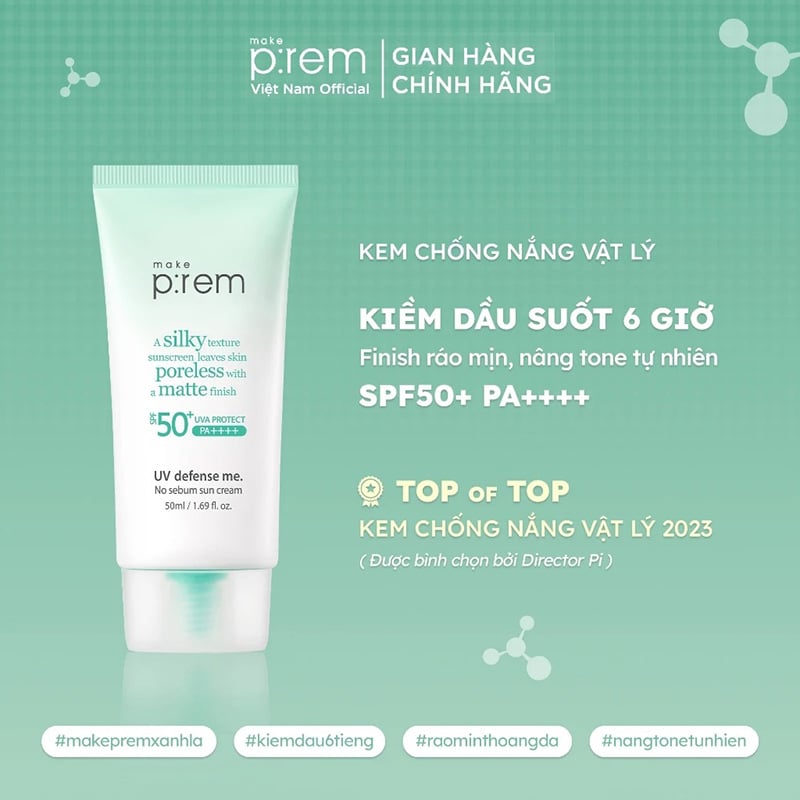 Kem Chống Nắng Nâng Tone, Kiềm Dầu, Dưỡng Ẩm Make P:rem UV Defense Me Sun Cream SPF50+/PA++++ 50ml