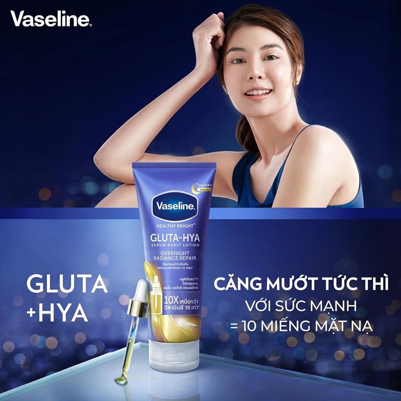 thegioiskinfood.com - Mặt nạ serum dưỡng thể Vaseline Healthy Bright Gluta-Hya Serum Burst Lotion Overnight Radiance Repair 330ml (chai xanh)