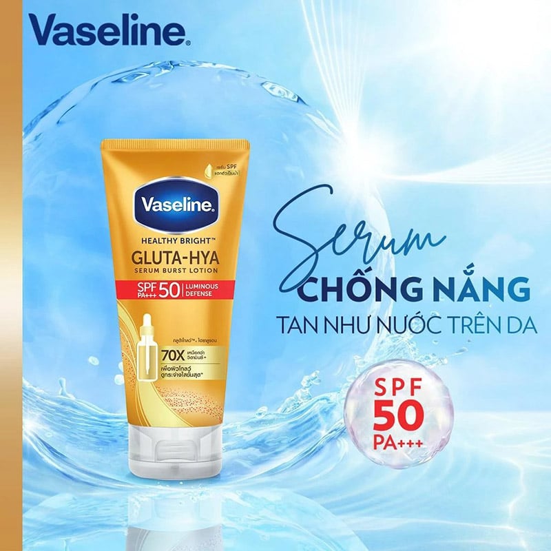 thegioiskinfood.com - Serum Dưỡng Thể Chống Nắng Vaseline Healthy Bright Gluta-Hya Serum Burst Lotion SPF50 PA+++ 260ml (chai cam)