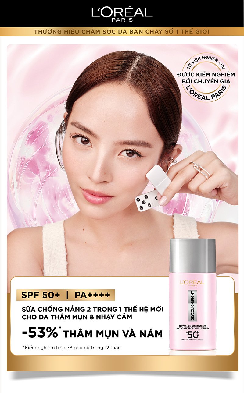 Sữa Chống Nắng Phổ Rộng Mỏng Nhẹ, Hỗ Trợ Dưỡng Sáng, Giảm Mờ Thâm Nám Loreal Glycolic-Bright Anti-Dark Spot Daily Uv Fluid SPF 50+/PA++++ 50ml