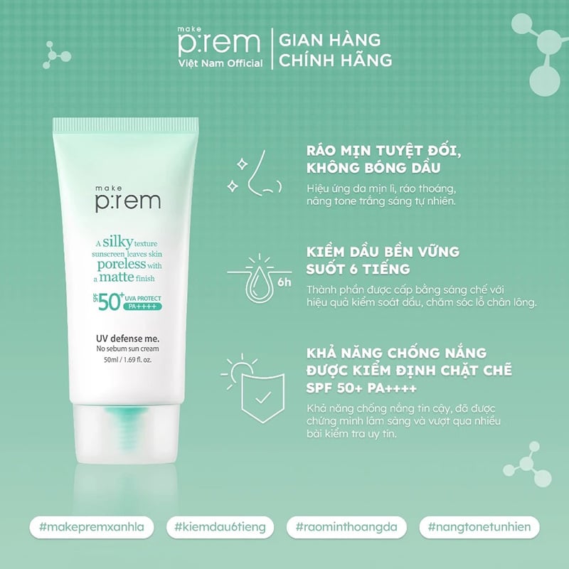 Kem Chống Nắng Nâng Tone, Kiềm Dầu, Dưỡng Ẩm Make P:rem UV Defense Me Sun Cream SPF50+/PA++++ 50ml