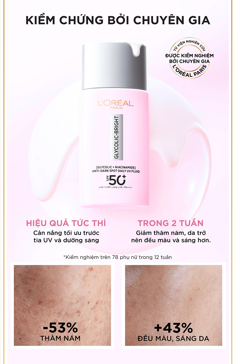 Sữa Chống Nắng Phổ Rộng Mỏng Nhẹ, Hỗ Trợ Dưỡng Sáng, Giảm Mờ Thâm Nám Loreal Glycolic-Bright Anti-Dark Spot Daily Uv Fluid SPF 50+/PA++++ 50ml