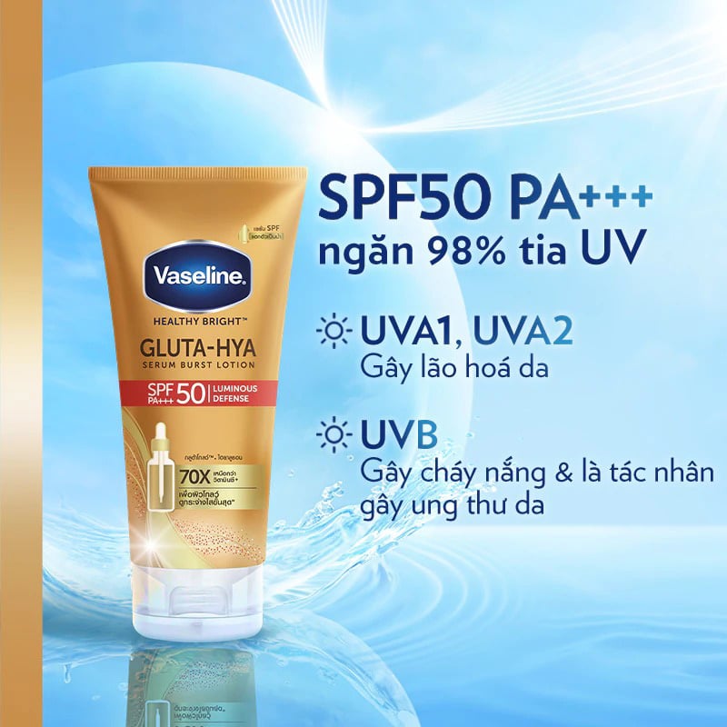 thegioiskinfood.com - Serum Dưỡng Thể Chống Nắng Vaseline Healthy Bright Gluta-Hya Serum Burst Lotion SPF50 PA+++ 260ml (chai cam)