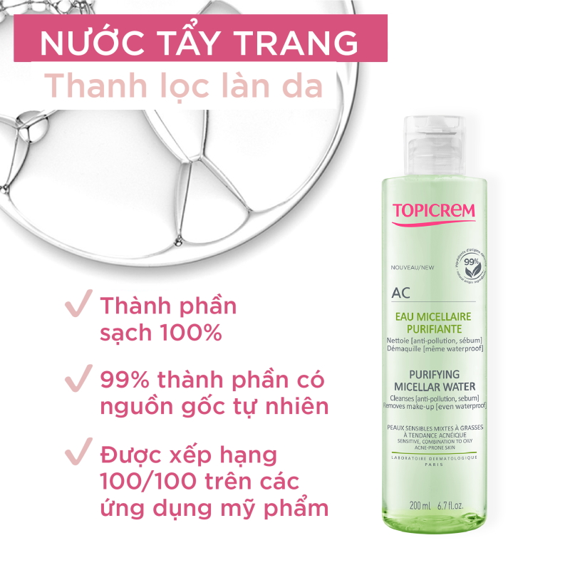 Nước Tẩy Trang Làm Sạch Sâu, Dành Cho Da Hỗn Hợp Dầu, Mụn Topicrem AC Purifying Micellar Water 200ml