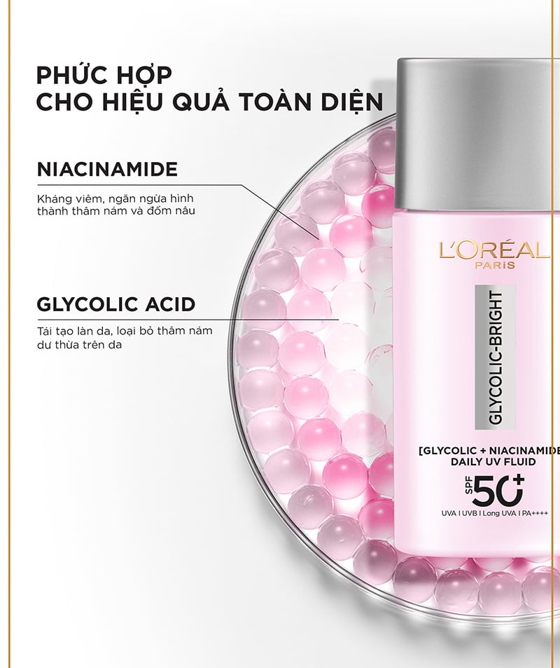 Sữa Chống Nắng Phổ Rộng Mỏng Nhẹ, Hỗ Trợ Dưỡng Sáng, Giảm Mờ Thâm Nám Loreal Glycolic-Bright Anti-Dark Spot Daily Uv Fluid SPF 50+/PA++++ 50ml