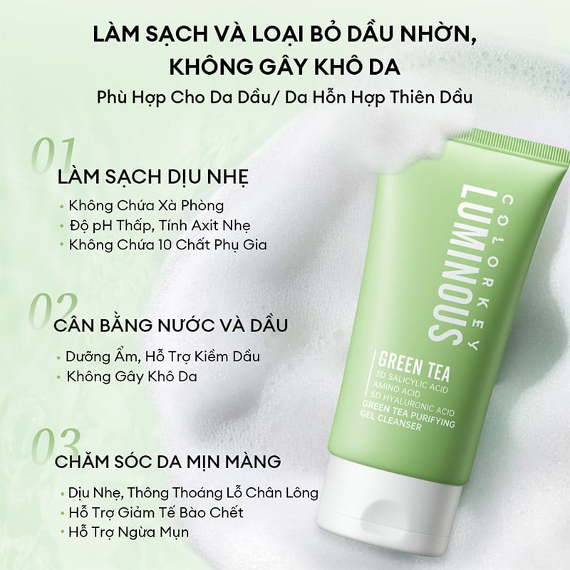 thegioiskinfood.com - Gel Rửa Mặt Trà Xanh Colorkey Luminous Green Tea Purifying Gel Cleanser 100g