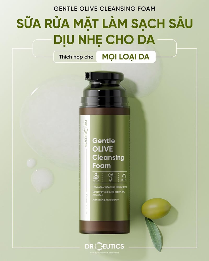 Sữa Rửa Mặt Sạch Sâu, Dịu Nhẹ Cho Da DrCeutics Gentle Olive Cleansing Foam 150ml