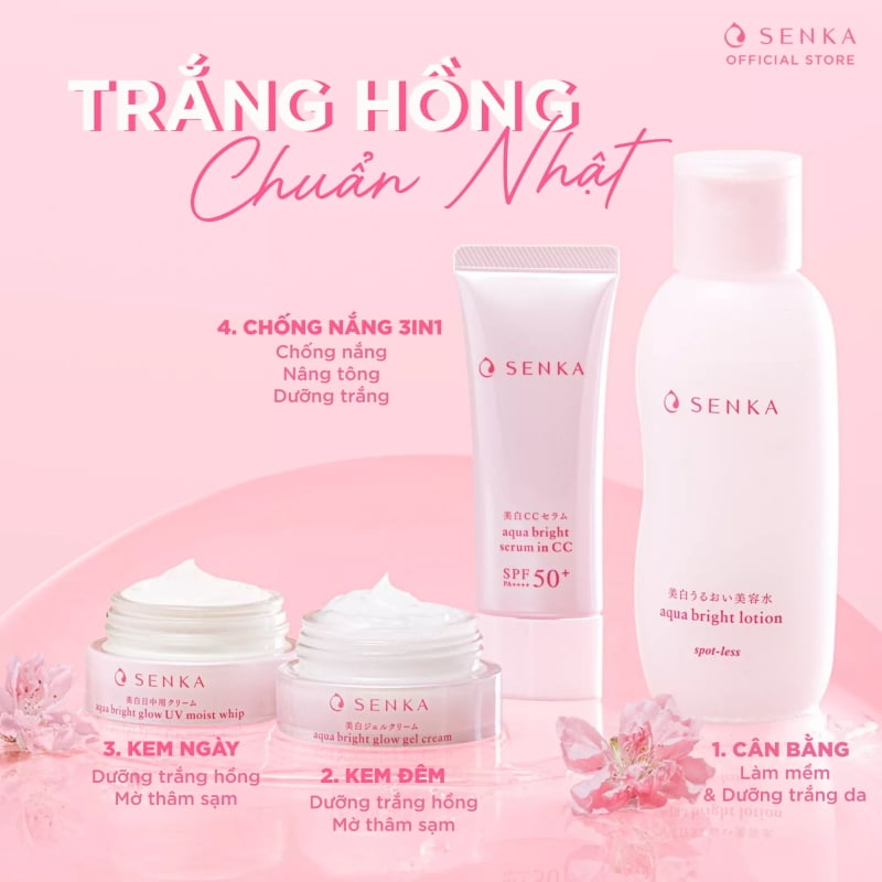 Kem Dưỡng Trắng Da, Giảm Thâm Nám Ban Ngày Senka Aqua Bright Glow UV Moist Whip SPF25+/PA++ 50g