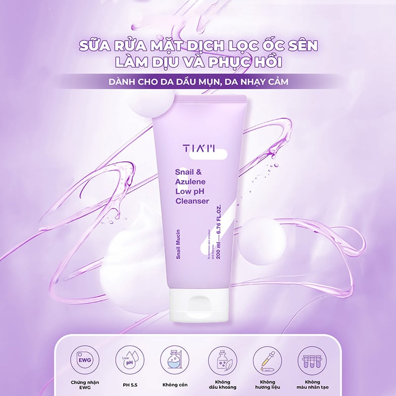 thegioiskinfood.com - Sữa Rửa Mặt Tiam Ốc Sên Làm Dịu, Hỗ Trợ Phục Hồi Da Snail & Azulene Low pH Cleanser 200ml