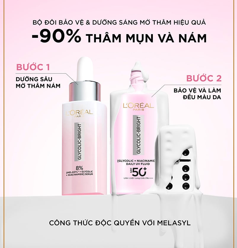 Sữa Chống Nắng Phổ Rộng Mỏng Nhẹ, Hỗ Trợ Dưỡng Sáng, Giảm Mờ Thâm Nám Loreal Glycolic-Bright Anti-Dark Spot Daily Uv Fluid SPF 50+/PA++++ 50ml
